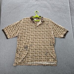 VINTAGE Tabasco Men Polo XL Tan Embroidered Graphic Golf Print‎